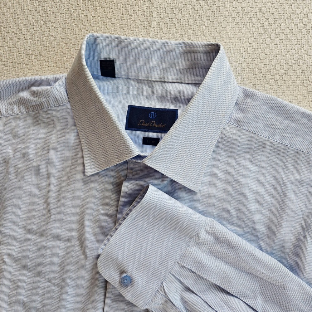 David Donahue Mens 18 36/37 Trim Fit Blue Micro Check Dobby Cotton Dress Shirt